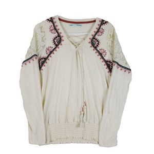 Maurices Top Womens Medium Ivory Bohemian Lace Embroidery Cinched Waist